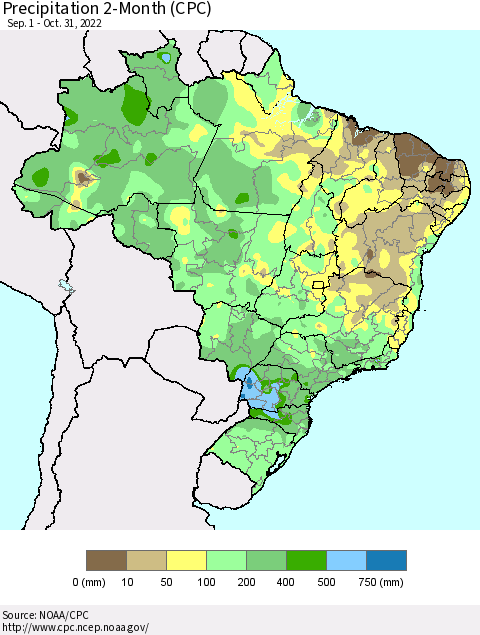 Brazil Precipitation 2-Month (CPC) Thematic Map For 9/1/2022 - 10/31/2022