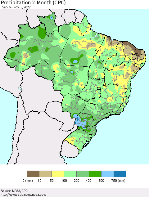 Brazil Precipitation 2-Month (CPC) Thematic Map For 9/6/2022 - 11/5/2022