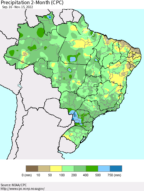 Brazil Precipitation 2-Month (CPC) Thematic Map For 9/16/2022 - 11/15/2022