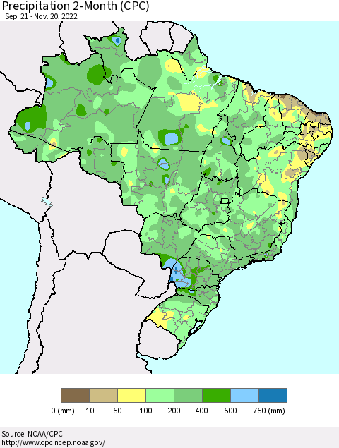 Brazil Precipitation 2-Month (CPC) Thematic Map For 9/21/2022 - 11/20/2022