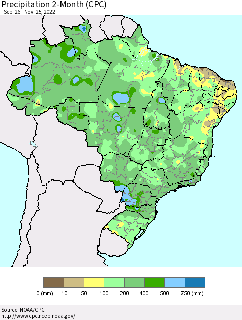 Brazil Precipitation 2-Month (CPC) Thematic Map For 9/26/2022 - 11/25/2022