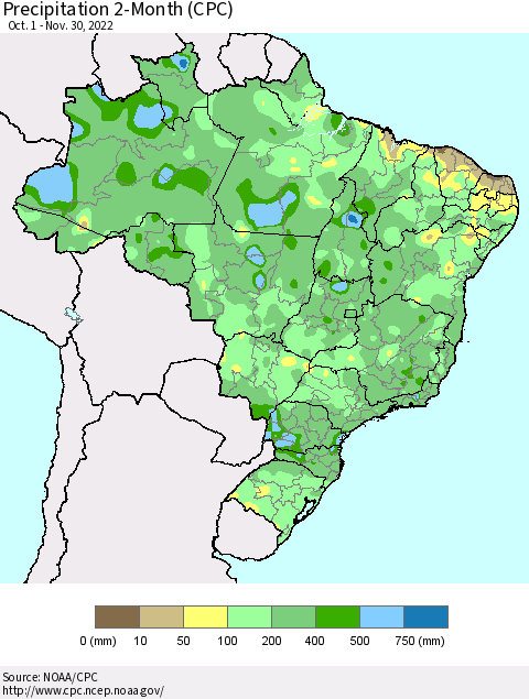 Brazil Precipitation 2-Month (CPC) Thematic Map For 10/1/2022 - 11/30/2022