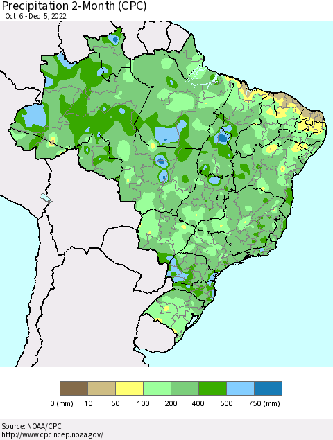 Brazil Precipitation 2-Month (CPC) Thematic Map For 10/6/2022 - 12/5/2022