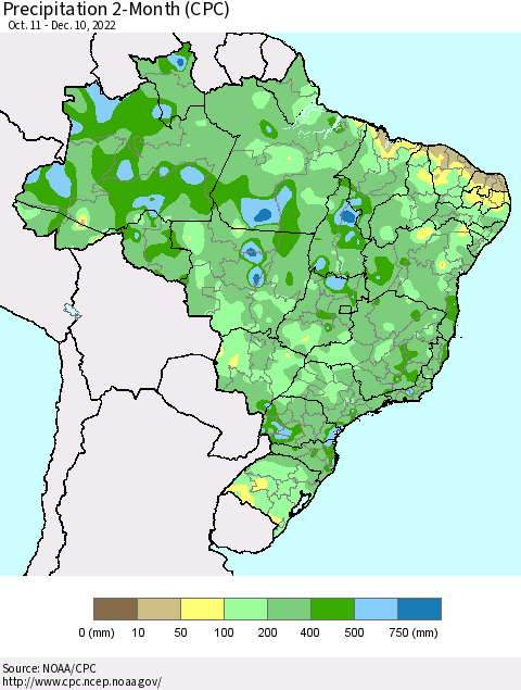 Brazil Precipitation 2-Month (CPC) Thematic Map For 10/11/2022 - 12/10/2022