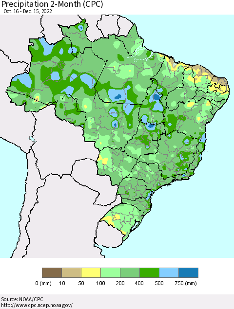 Brazil Precipitation 2-Month (CPC) Thematic Map For 10/16/2022 - 12/15/2022