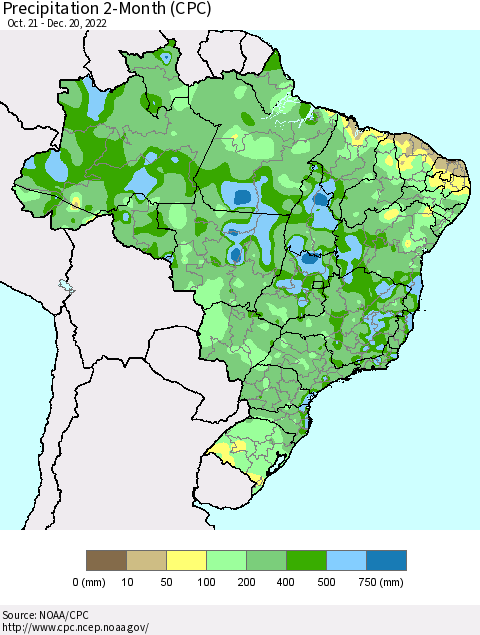 Brazil Precipitation 2-Month (CPC) Thematic Map For 10/21/2022 - 12/20/2022