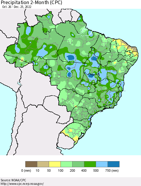 Brazil Precipitation 2-Month (CPC) Thematic Map For 10/26/2022 - 12/25/2022