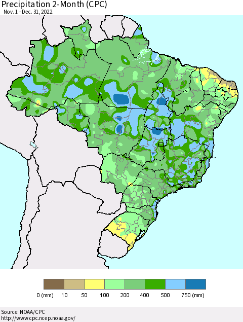 Brazil Precipitation 2-Month (CPC) Thematic Map For 11/1/2022 - 12/31/2022