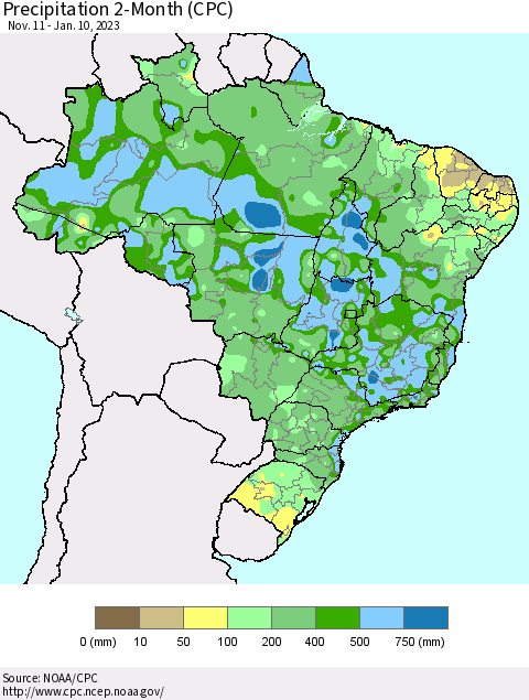 Brazil Precipitation 2-Month (CPC) Thematic Map For 11/11/2022 - 1/10/2023