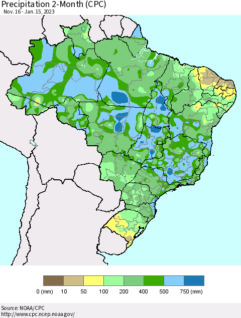 Brazil Precipitation 2-Month (CPC) Thematic Map For 11/16/2022 - 1/15/2023