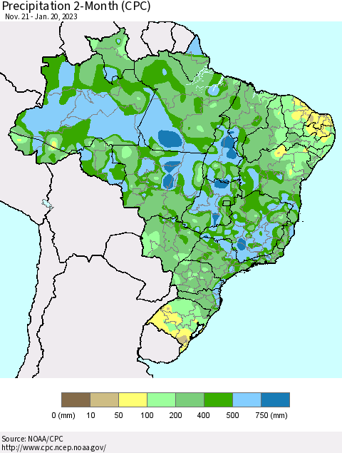 Brazil Precipitation 2-Month (CPC) Thematic Map For 11/21/2022 - 1/20/2023