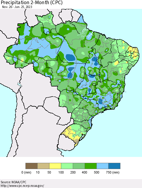 Brazil Precipitation 2-Month (CPC) Thematic Map For 11/26/2022 - 1/25/2023
