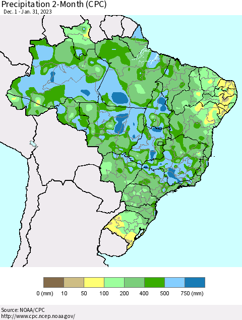 Brazil Precipitation 2-Month (CPC) Thematic Map For 12/1/2022 - 1/31/2023
