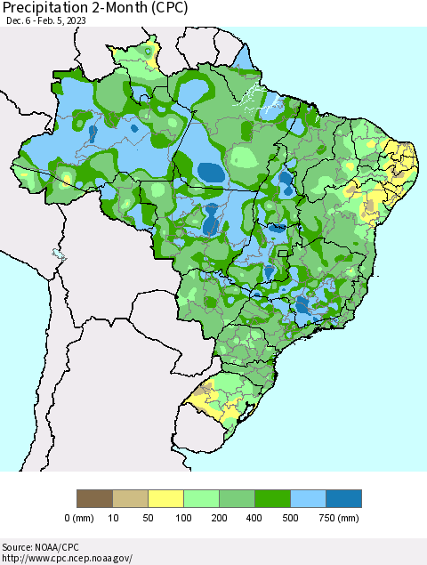 Brazil Precipitation 2-Month (CPC) Thematic Map For 12/6/2022 - 2/5/2023