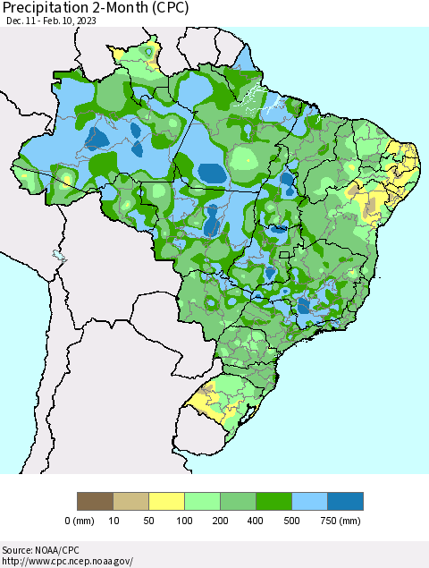 Brazil Precipitation 2-Month (CPC) Thematic Map For 12/11/2022 - 2/10/2023