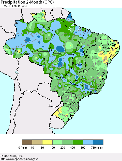 Brazil Precipitation 2-Month (CPC) Thematic Map For 12/16/2022 - 2/15/2023