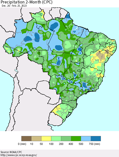 Brazil Precipitation 2-Month (CPC) Thematic Map For 12/26/2022 - 2/25/2023