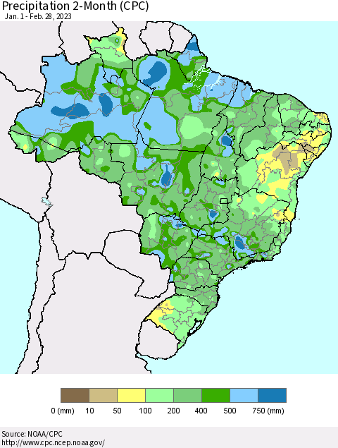 Brazil Precipitation 2-Month (CPC) Thematic Map For 1/1/2023 - 2/28/2023