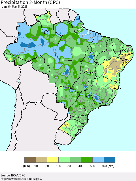 Brazil Precipitation 2-Month (CPC) Thematic Map For 1/6/2023 - 3/5/2023
