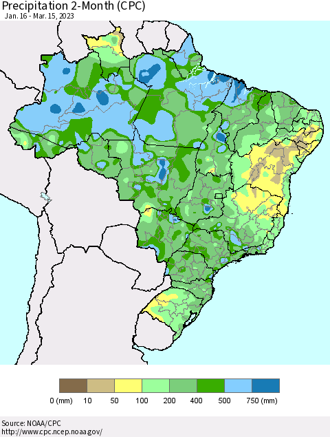 Brazil Precipitation 2-Month (CPC) Thematic Map For 1/16/2023 - 3/15/2023
