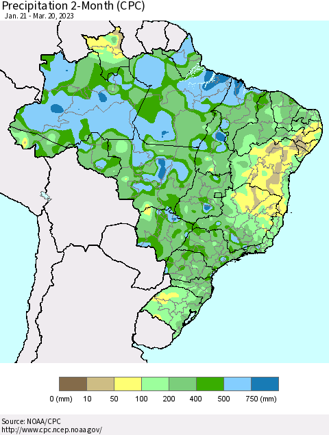 Brazil Precipitation 2-Month (CPC) Thematic Map For 1/21/2023 - 3/20/2023