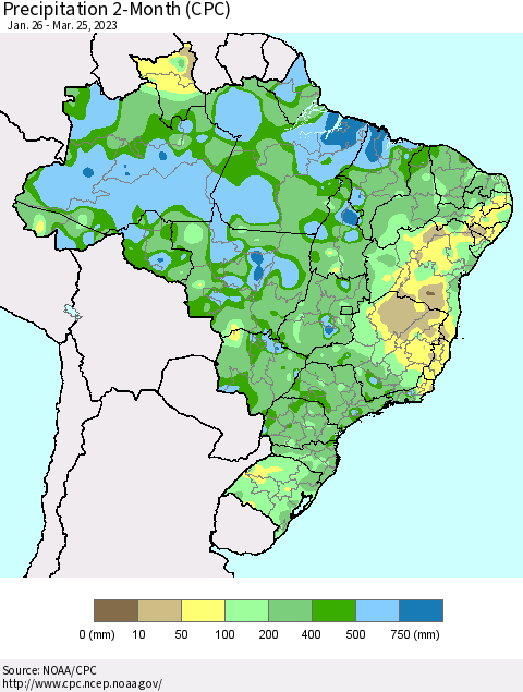 Brazil Precipitation 2-Month (CPC) Thematic Map For 1/26/2023 - 3/25/2023