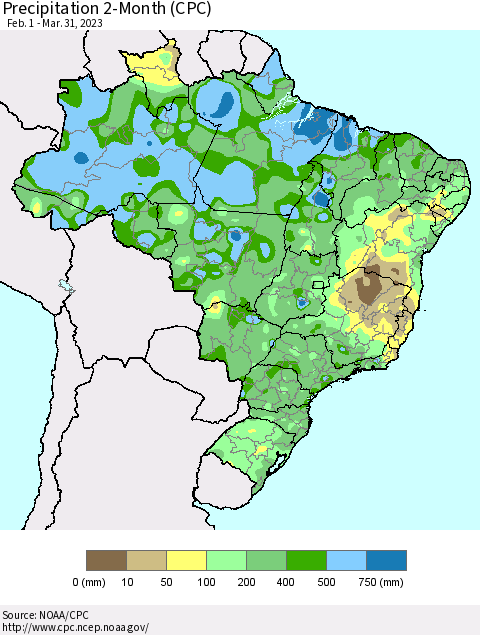Brazil Precipitation 2-Month (CPC) Thematic Map For 2/1/2023 - 3/31/2023