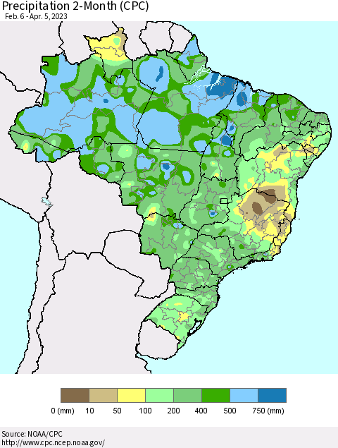 Brazil Precipitation 2-Month (CPC) Thematic Map For 2/6/2023 - 4/5/2023