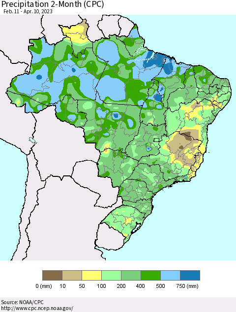 Brazil Precipitation 2-Month (CPC) Thematic Map For 2/11/2023 - 4/10/2023