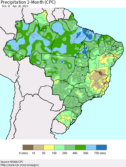 Brazil Precipitation 2-Month (CPC) Thematic Map For 2/21/2023 - 4/20/2023