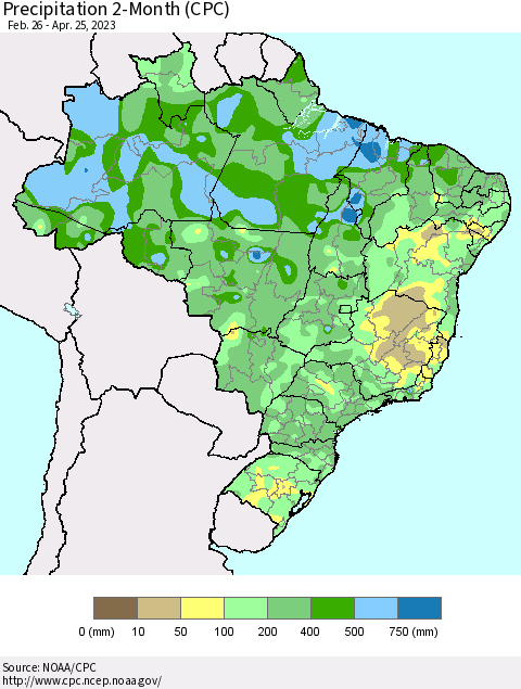 Brazil Precipitation 2-Month (CPC) Thematic Map For 2/26/2023 - 4/25/2023