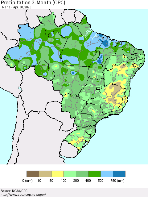 Brazil Precipitation 2-Month (CPC) Thematic Map For 3/1/2023 - 4/30/2023