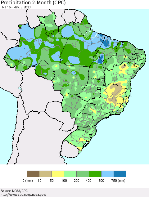 Brazil Precipitation 2-Month (CPC) Thematic Map For 3/6/2023 - 5/5/2023