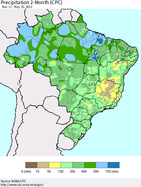 Brazil Precipitation 2-Month (CPC) Thematic Map For 3/11/2023 - 5/10/2023