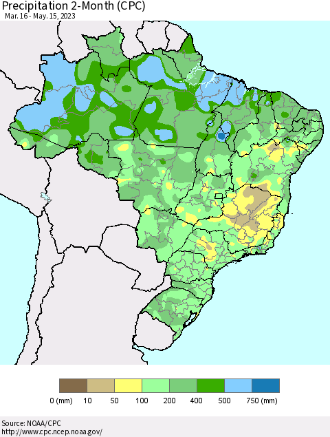 Brazil Precipitation 2-Month (CPC) Thematic Map For 3/16/2023 - 5/15/2023