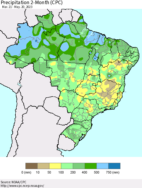 Brazil Precipitation 2-Month (CPC) Thematic Map For 3/21/2023 - 5/20/2023