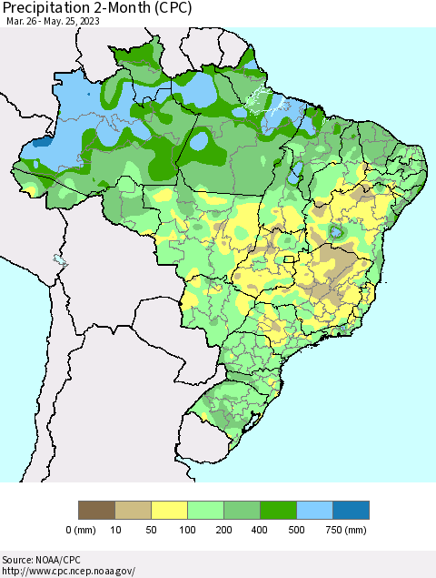 Brazil Precipitation 2-Month (CPC) Thematic Map For 3/26/2023 - 5/25/2023
