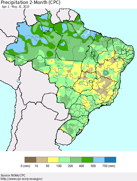 Brazil Precipitation 2-Month (CPC) Thematic Map For 4/1/2023 - 5/31/2023