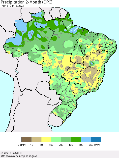 Brazil Precipitation 2-Month (CPC) Thematic Map For 4/6/2023 - 6/5/2023
