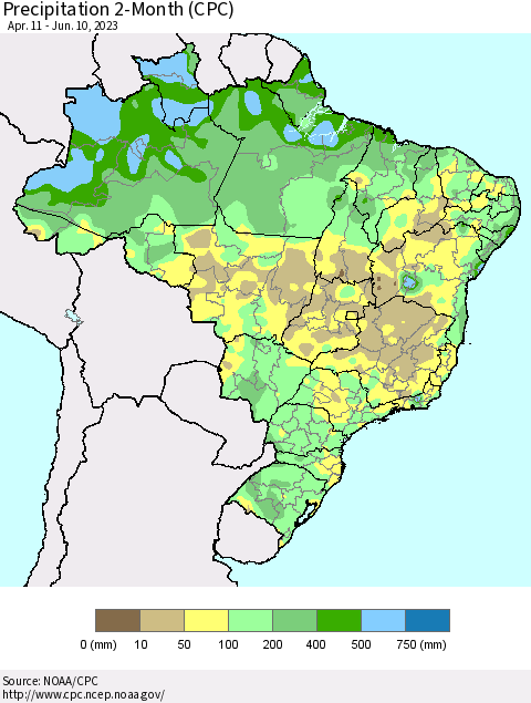 Brazil Precipitation 2-Month (CPC) Thematic Map For 4/11/2023 - 6/10/2023