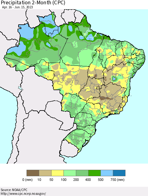 Brazil Precipitation 2-Month (CPC) Thematic Map For 4/16/2023 - 6/15/2023