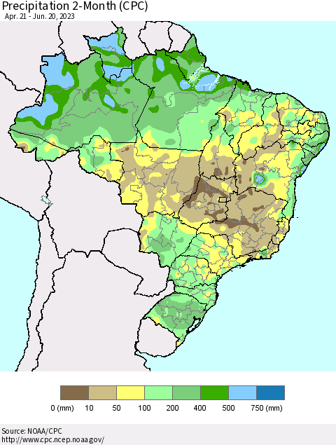 Brazil Precipitation 2-Month (CPC) Thematic Map For 4/21/2023 - 6/20/2023