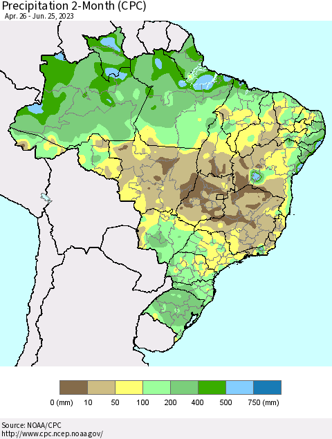 Brazil Precipitation 2-Month (CPC) Thematic Map For 4/26/2023 - 6/25/2023