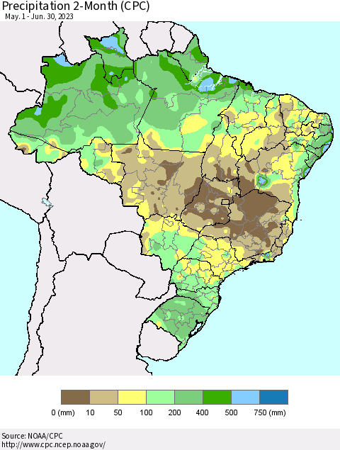 Brazil Precipitation 2-Month (CPC) Thematic Map For 5/1/2023 - 6/30/2023