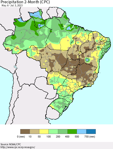 Brazil Precipitation 2-Month (CPC) Thematic Map For 5/6/2023 - 7/5/2023