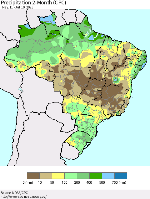Brazil Precipitation 2-Month (CPC) Thematic Map For 5/11/2023 - 7/10/2023