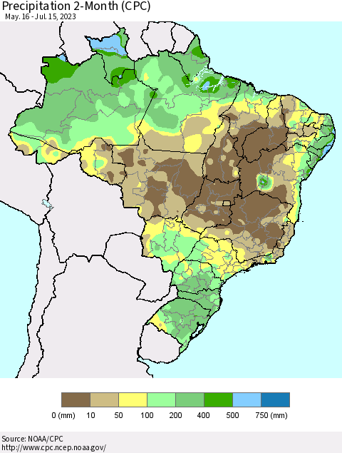 Brazil Precipitation 2-Month (CPC) Thematic Map For 5/16/2023 - 7/15/2023