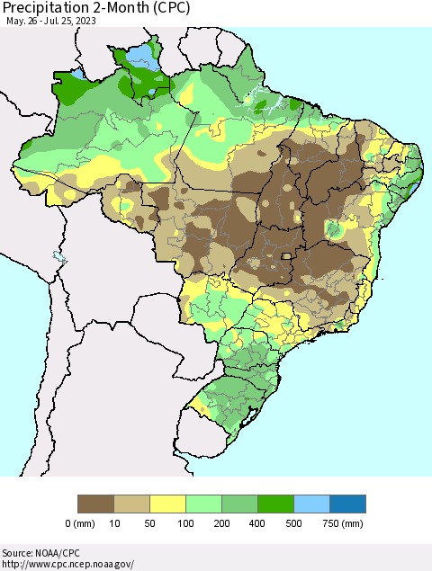 Brazil Precipitation 2-Month (CPC) Thematic Map For 5/26/2023 - 7/25/2023