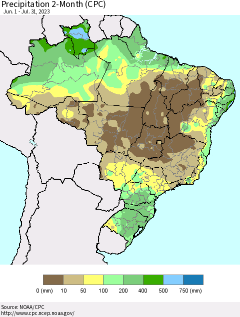 Brazil Precipitation 2-Month (CPC) Thematic Map For 6/1/2023 - 7/31/2023