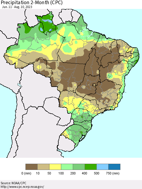 Brazil Precipitation 2-Month (CPC) Thematic Map For 6/11/2023 - 8/10/2023
